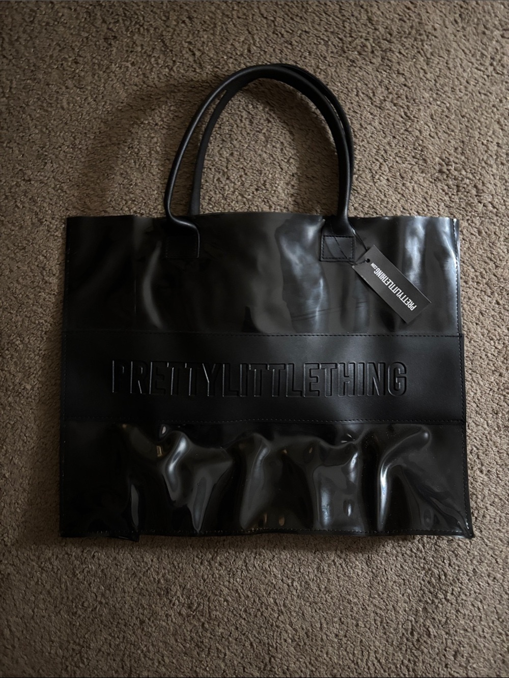 PrettyLittleThing Black Patent Embossed Tote Bag